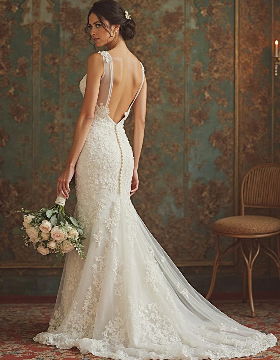 bride in her dress holding a boquet of flowers in her hand and looking over her shoulder 