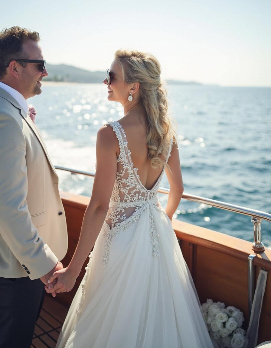 bridge and groom looking at each other on a boat with sunglasses on 