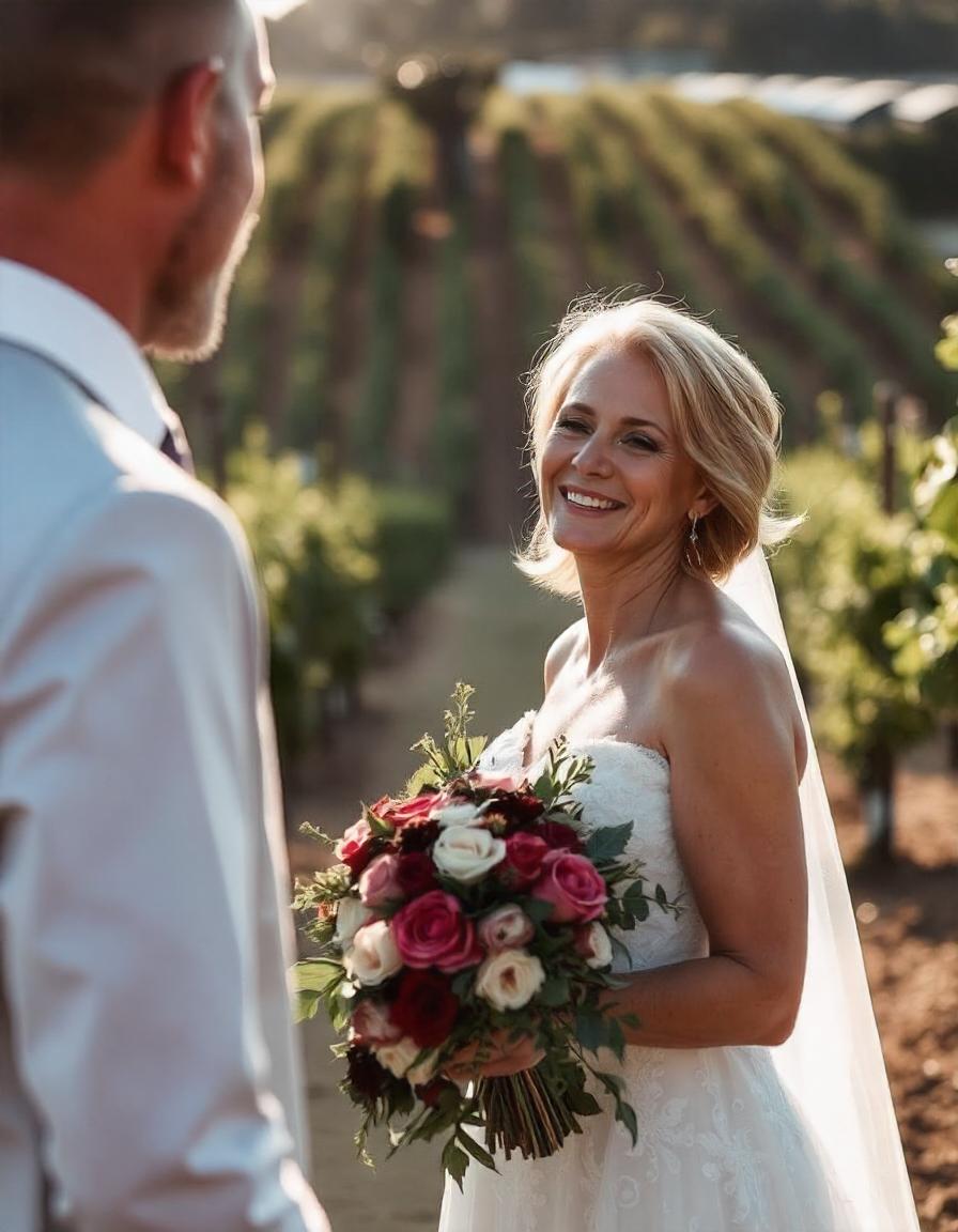 A woman in a white wedding dress holding a bouquet of flowers and smiling at her partner who is looking at her and who is wearing a grey tuxedo as the sun is setting over the field behind them